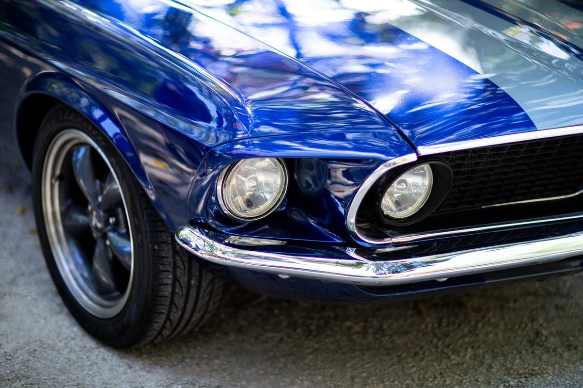 Front view of yellow classic American sports car